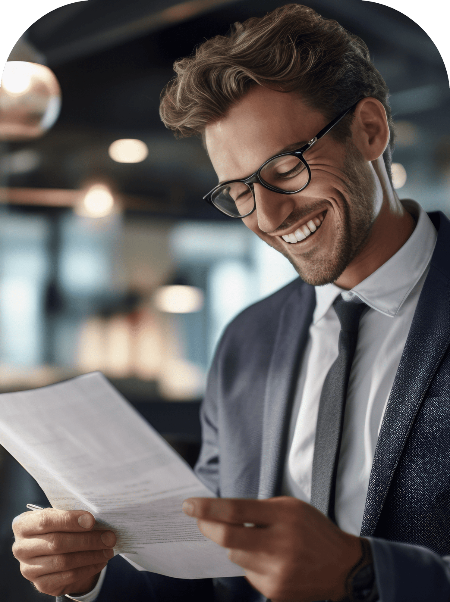 Man in a business suit looking at a piece of paper and smiling.